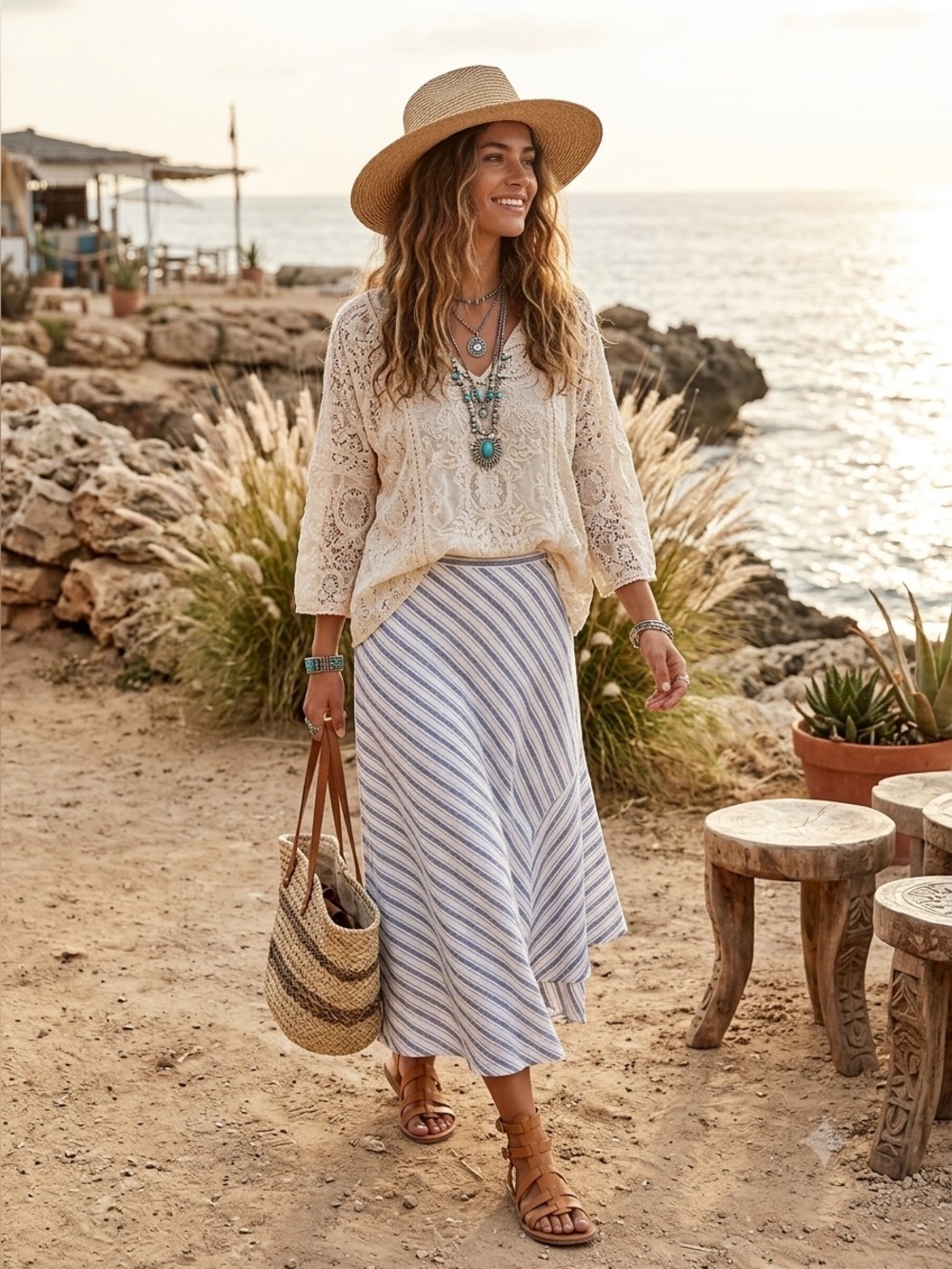 KENAR Blue and White Striped Linen Blend Maxi Skirt size extra large